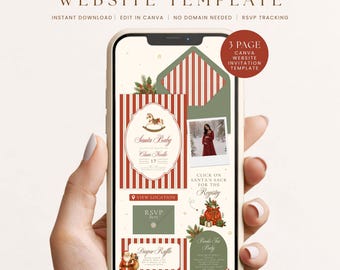 May include: A mobile phone screen displaying a three-page baby shower website template with a Christmas theme. The design features red and white stripes, a rocking horse illustration, a photo of a person in a red dress, and Santa Claus graphics.
