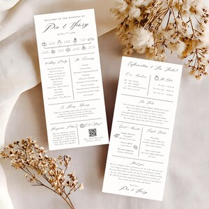 May include: Two ivory wedding programs with black text. The programs include the wedding timeline, wedding party details, ceremony information, and fun facts. Dried flowers are in the background. The programs are for Pia & Henry.
