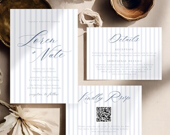 Blue Stripe Wedding Invitation Template Suite, Editable RSVP Printable Invite, Elegant Invitation Set, Modern Wedding Instant Download 4039