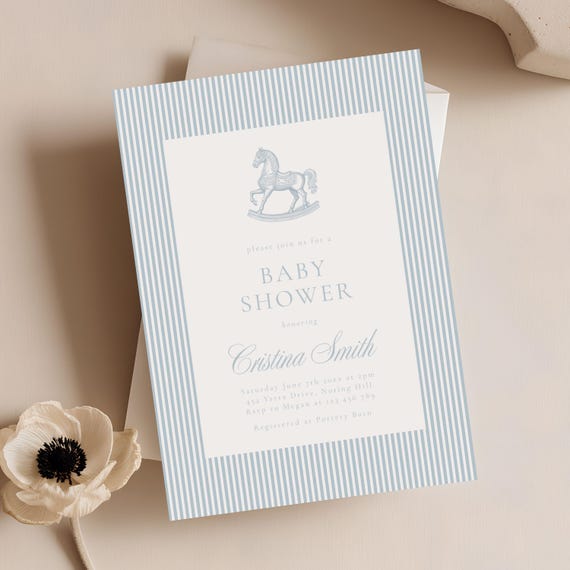 Boy Rocking Horse Baby Shower Invitation Blue, Editable Digital Template, Printable Invite for Boys 3019