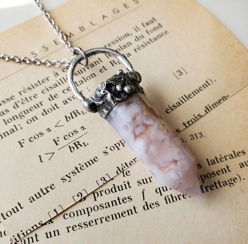 Crystal Point Pendant Neutral Hues Metaphysical Soldered Necklace Gemstone Jewelry Flower Agate Necklace Agate Gemstone Point