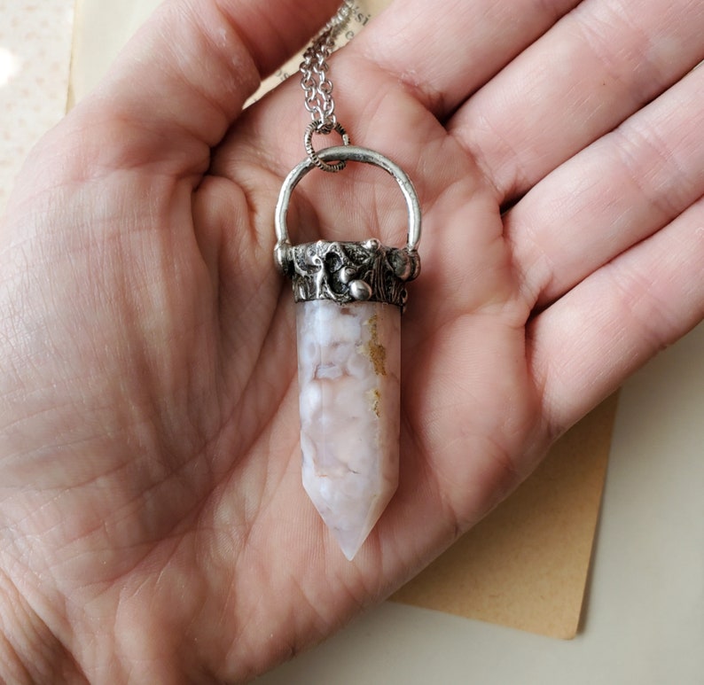 Crystal Point Pendant Neutral Hues Metaphysical Soldered Necklace Gemstone Jewelry Flower Agate Necklace Agate Gemstone Point