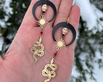 Snake Earrings, snake charmer, serpent, crescent moons, howlite skulls, statement, gothic, alternative, steampunk