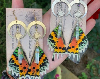 Madagascar Sunset Moth, real butterfly wing earrings, gold, silver, crescent moon, sunburst, aura quartz, rainbow, ethically sourced