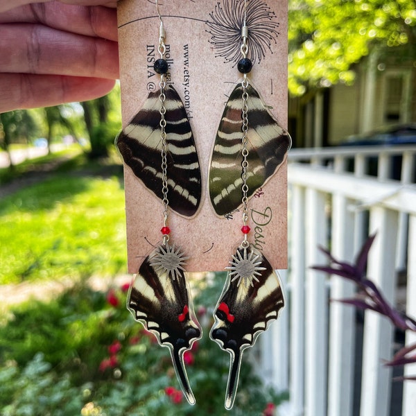 Real Butterfly Wing Earrings, Zebra Swallowtail, lava rock, animal print, wedding, layered, statement, ethically sourced