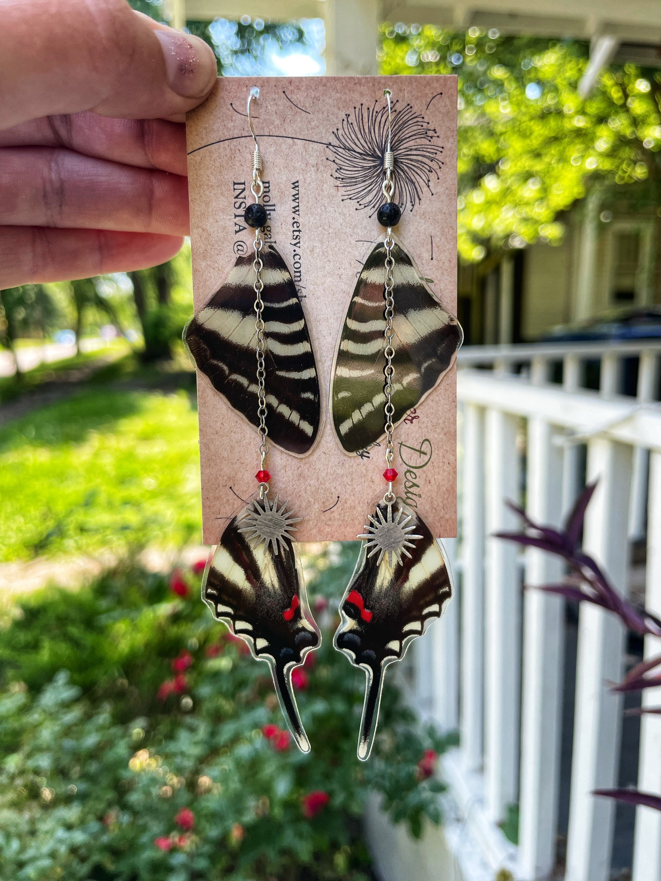 Real Butterfly Wing Earrings, Zebra Swallowtail, lava rock, animal print, wedding, layered, statement, ethically sourced