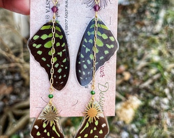 Graphium Agamemnon, real butterfly wing earrings, layered, green, spotted, wind chime, whimsical, fairy wings, ethically sourced