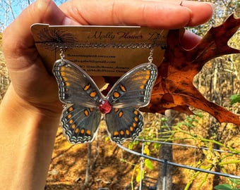 Butterfly Wing Necklace, RED SPOTTED PURPLE, real insect wings, resin coated, ethereal fairy wings, statement, ethical