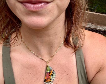 Real Butterfly Wing Necklace, Madagascar Sunset Moth, insect wings, resin coated, stainless steel, ethereal fairy wings, statement, ethical