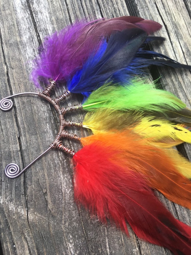 Rainbow Brite Feather Ear Cuff colorful feathers long Etsy