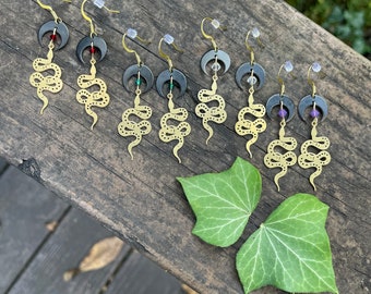 Snake Earrings, snake charmer, serpent, crescent moons, statement, gothic, alternative, steampunk