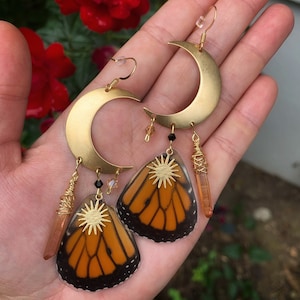 Fire Moon Goddess, real butterfly wing earrings, monarch, brass crescent moons, gold suns, amber quartz, statement, HIGH QUALITY