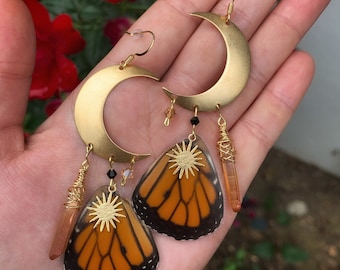 Fire Moon Goddess, real butterfly wing earrings, monarch, brass crescent moons, gold suns, amber quartz, statement, HIGH QUALITY