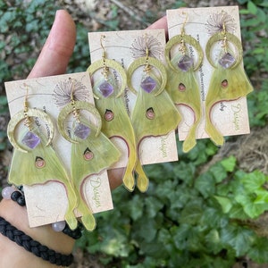 Luna Moth Earrings, real butterfly wings, fairy wings, gold, silver, black, crescent moon, faceted diamond amethyst, ethically sourced