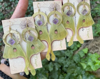 Luna Moth Earrings, real butterfly wings, fairy wings, gold, silver, black, crescent moon, faceted diamond amethyst, ethically sourced