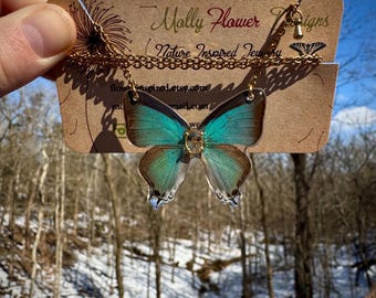 Real Butterfly Wing Necklace, BLUE HAIRSTREAK, insect wings, resin coated, quartz, pressed flower, ethereal fairy wings, statement, ethical