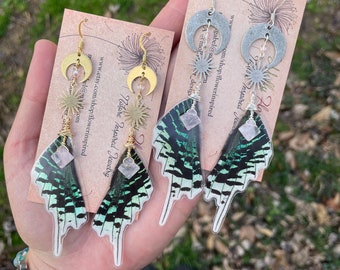 Real Butterfly Wing Earrings, Urania leilus, sunset moth, fairy wings, gold, silver, crescent moons, rose quartz, ethically sourced