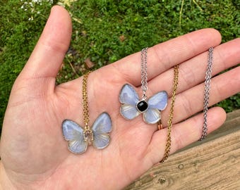 Real Butterfly Wing Necklace, UDARA DILECTA,  Himalayan pale hedge BLUE, insect wings, resin coated, fairy wings, statement, ethical