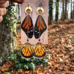 Monarch, real butterfly wing earrings, whole butterfly, layered, gold moon, wind chime, whimsical, fairy wings, ethically sourced