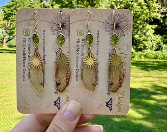 Cicada wing earrings, green peridot gemstones, fairy wings, insect earrings, statement