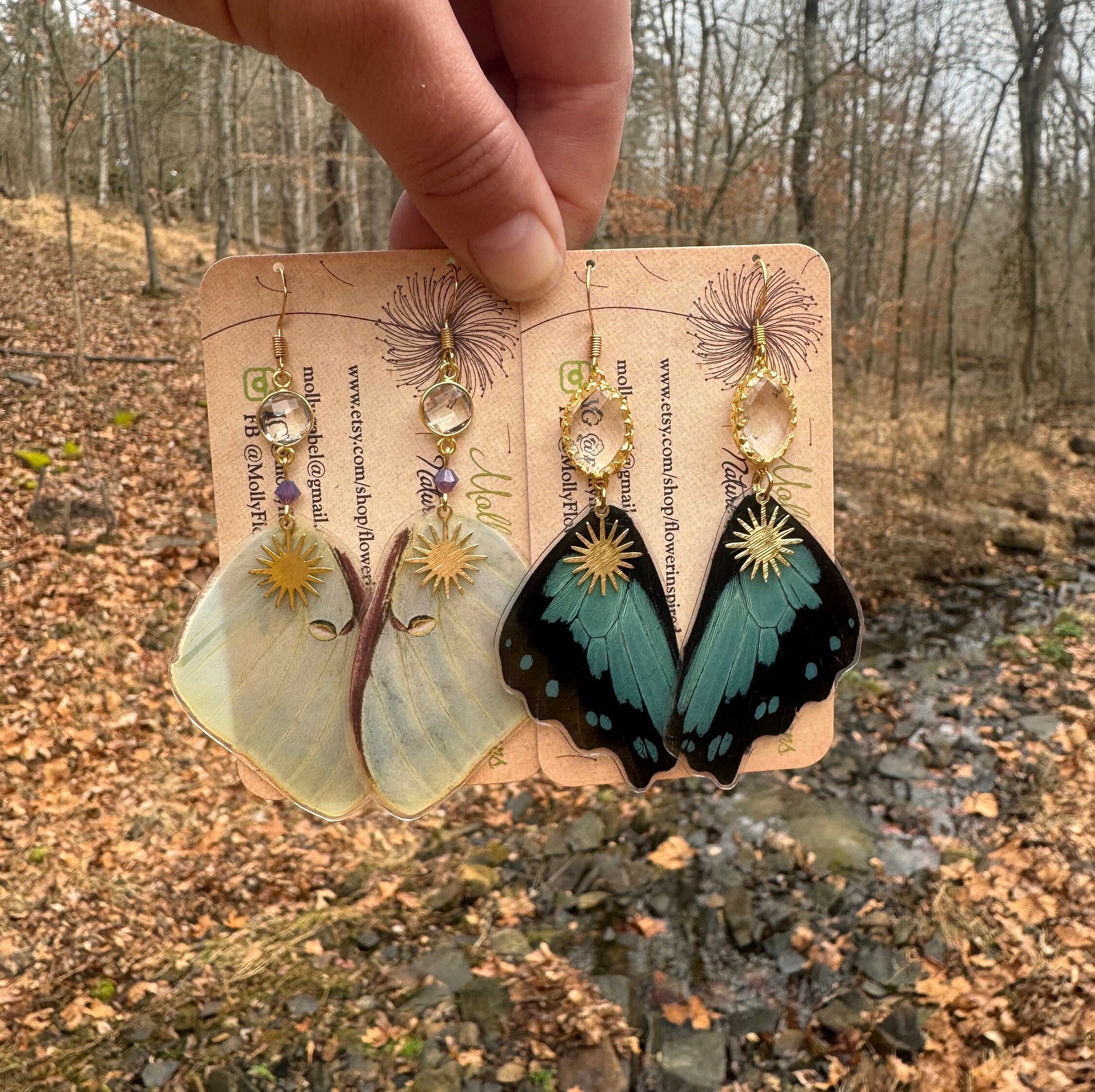 Real Butterfly Wing Earrings, Luna Moth, Papilio Bromius, green, turquoise, vintage, crystal quartz, statement, ethically sourced