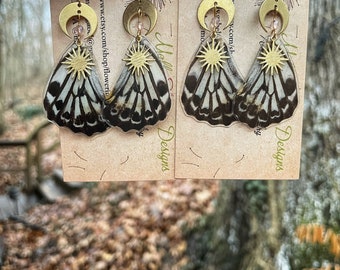 Real butterfly wing earrings, Malayan Zebra, graphium delessertii, mini gold moons, feminine mystique, statement, ethically sourced