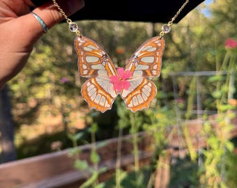 Reversible Butterfly Wing Necklace, Malachite, Resin Coated