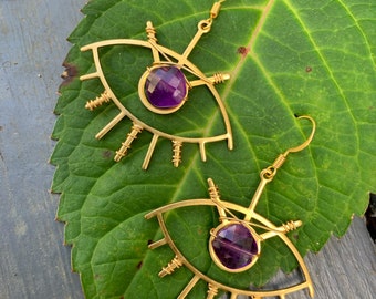 Amethyst All Seeing Eye Earrings, faceted diamond amethyst, golden brass eye, statement, unique