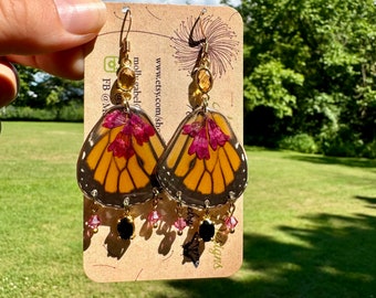 Monarch, purple flowers, real butterfly wing earrings, resin,  botanicals, yellow citrine, black onyx, statement, ethical