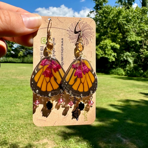 Boucles d'oreilles ailes de papillon monarque, fleurs violettes, citrine, onyx, revêtement en résine