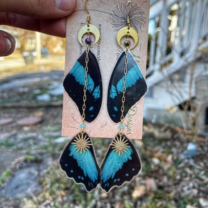 Real Butterfly Wing Earrings, papilio bromius, turquoise, blue, layered, gold moon, wind chime, whimsical, fairy wings, ethically sourced