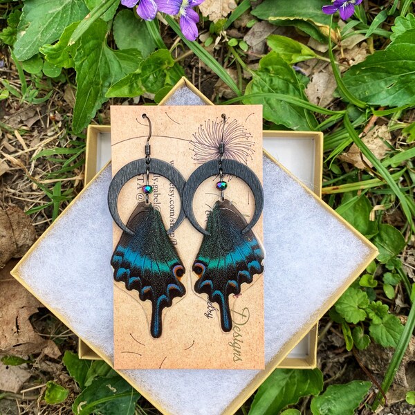 Real butterfly wing earrings, Papilio Maackii, black, green, iridescent, swallowtail, crescent moon, rainbow hematite, ethically sourced