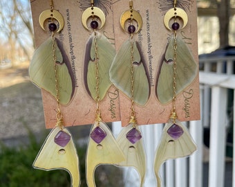 LunA Moth, real butterfly wing earrings, whole butterfly, layered, wind chime, whimsical, fairy wings, diamond amethyst, ethically sourced