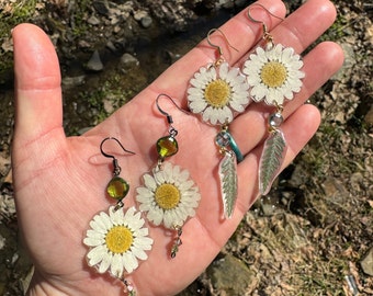 Botanical Earrings, resin coated, daisies, ferns, floral, nature, foraged