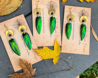Jewel Beetle Wing Earrings, gold crescent moons, lava rock beads, iridescent green, statement, ethical