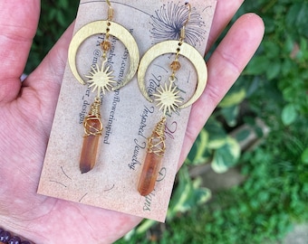 Celestial Amber Quartz Earrings, moon and star, sunburst, gold crescent moon, boho goddess, free spirit