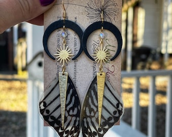 Véritables boucles d'oreilles aile de papillon, zèbre de Malaisie, graphium delessertii, croissants de lune noirs, pointes triangulaires, or, argent, produit éthique