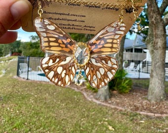 Gulf Fritillary Butterfly Wing Necklace, Resin Coated, Fairy Jewelry