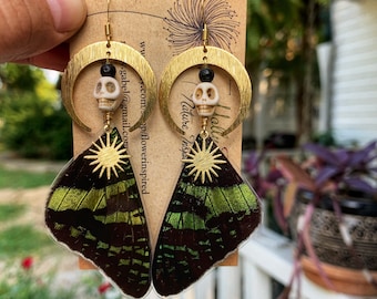 Steampunk Voodoo Wing Earrings, real butterfly, sunset moth, tribal, howlite skulls, crescent moon, lava rock, Halloween, statement, ethical