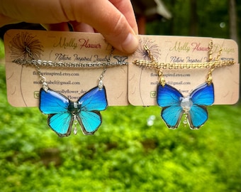 Real Butterfly Wing Necklace, BLUE HAIRSTREAK, insect wings, moonstone, labradorite, resin coated, ethereal fairy wings, statement, ethical