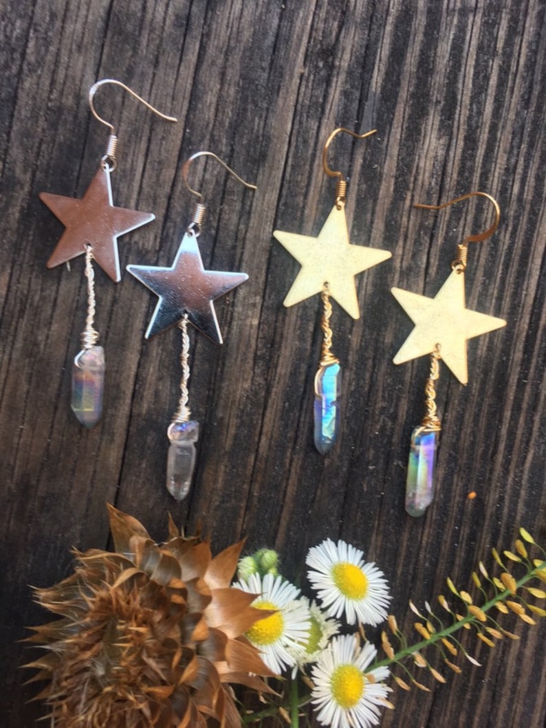 Star Astral Quartz Earrings Crystal Earrings Astrology Bohemian Jewelry Electroplated