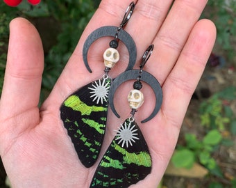Real Butterfly Wing Earrings, Steampunk, sunset moth, voodoo, tribal, skull, crescent moon, lava rock, Halloween, statement, ethical