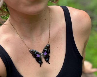 Butterfly Wing Necklace, GRAPHIUM WEISKEI, real insect wings, resin coated, ethereal fairy wings, statement, ethical
