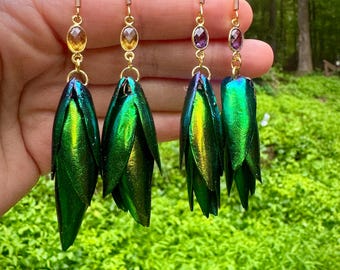 Jewel Beetle Wing Earring, yellow citrine, amethyst, gemstones, fairy wings, insect earrings, statement