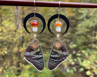 Real Butterfly Wing Earrings, Madagascar sunset moth, amber mushrooms, crescent moons, fairy, elf, earthy, statement, ethically sourced