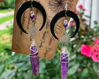 Dragon Magic~~ purple agate dagger earrings, black crescent moon, silver star, rainbow hematite, renaissance, magical, enchanted