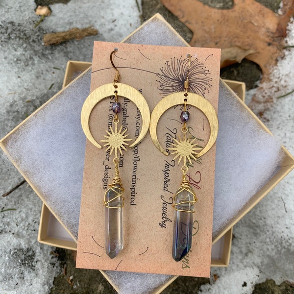 Celestial Aura Quartz Earrings, moon and star, sunburst, gold crescent moon, boho goddess