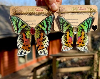 Butterfly Wing Necklace, Madagascar SUNSET MOTH, real insect wings, resin coated, ethereal fairy wings, statement, ethical
