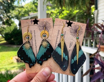 Real Butterfly Wing Earrings, turquoise, papilio bromius, gold crescent moon, gold spikes, ethical fashion, statement, free spirit