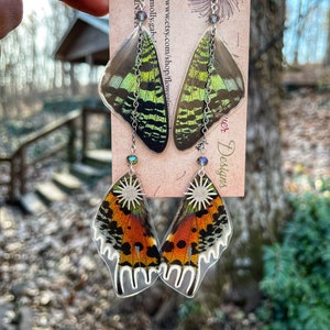 Madagascar Sunset Moth, real butterfly wing earrings, layered, rainbow, silver, wind chime, whimsical, fairy wings, ethically sourced